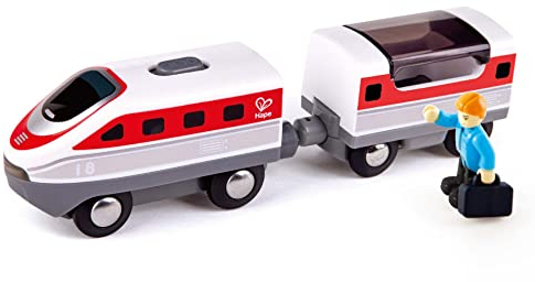 Hape Treno Intercity a batteria - Moderno trenino passeggeri bianco e rosso con tetto apribile per bambini dai 3 anni in su