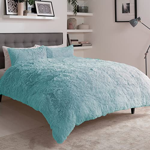 L S U Teddy Bear Hug & Snug Shaggy Duvet Cover Set Warm Fleece Christmas Bedding Set (Duck Egg, Double)