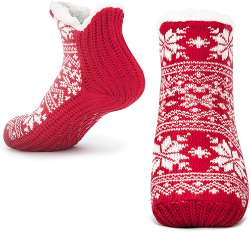 Tolumo Slipper Socks for Women Men Warm Holding Sock Non Slip Knitted Thick Lined Cosy Winter Fluffy Bed Slippers Suitable for Indoor Home House Floor Snow Red