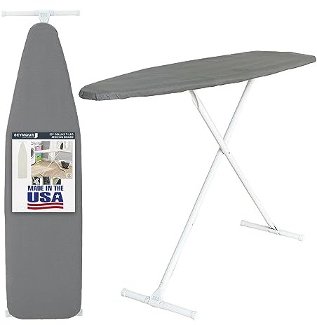 Full Size Ironing Board with Cover & Pad – Made in USA by Seymour Home Products Adjustable Steel T-Legs, 35 High Perforated Top for Steam Durable Iron Board for Home, Laundry Room (Grey)