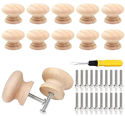 JOKILY Schrankknöpfe, 10 Stück Knauf für Schrank, Schrankknöpfe Vintage, Holzgriffe für Schränke, Türknöpfe, Möbelknöpfe Holz, Schrank Knöpfe mit Schrauben und Schraubendreher, MöBelknauf 33 x 25 mm