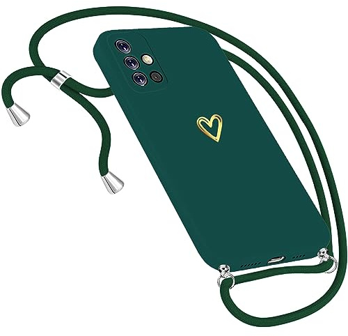Handykette Hülle für Samsung Galaxy A51 4G Hülle Necklace, Herz Motiv Muster Handyhülle für Samsung Galaxy A51 4G Hülle mit Band Kordel zum Umhänge Band Ultradünn Hülle für Samsung A51 4G (Grün)