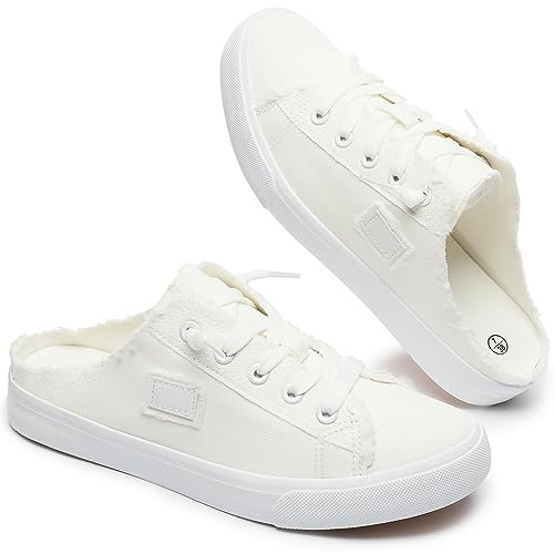 BENPAO Womens Canvas Mules White Slip on Fashion Sneakers Black Loafers Comfortable Casual Shoes for Women(White,US5.5)