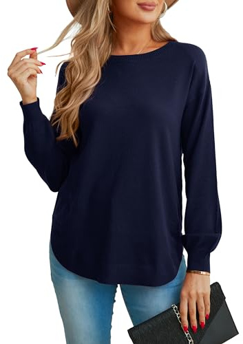 GRECERELLE Suéter de manga larga para mujer, ligero, cuello redondo, suéter casual de punto suave para mujer, azul marino, L