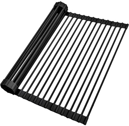 Ohuhu Over The Sink Dish Drainer Drying Rack, 17.6 W x 15.4 L Roll Up Dish Racks Kitchen Sink Organizer Silicone Wrapped Large in Sink Dish Drying Rack Foldable Rolling Drain Mats Anti-Slip