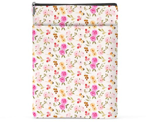 Aquarell Blumenmuster Buchliebhaber Geschenke Wasserdichte Buchhülle Buchhülle Buchschutz mit Reißverschluss und Fronttasche BookCover Case für Frauen Mädchen Leser Frau Buch Zubehör Buch Club