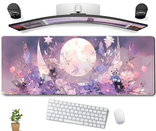 Kawaii Pastel Purple Floral Large Gaming Desk Mat for Laptop, Keyboard and Mouse, Spiritual Full Moon, Cute Office Mat