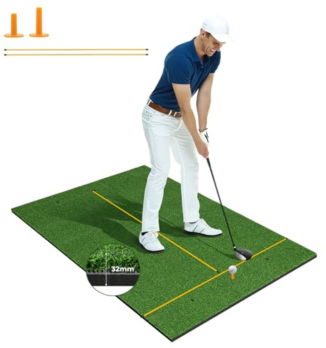 COSTWAY Tapis de Frappe de Golf 152 x 92 x 3,2 cm, Tapis d'Entraînement de Golf avec 2 Positions de Tee et 2 Bâtons d'Alignement 6 Trous de Tee Pré-percés, pour Intérieure/Extérieure