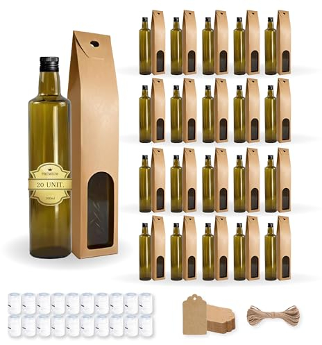 Espirito Rebelde - 20 botellas de vidrio oscuro 500 ml con tapón de rosca negro + 20 cajas + 20 sellos + 20 etiquetas Kraft + cuerda - aceite de oliva, vinagre, alcohol, salsas - aceitera