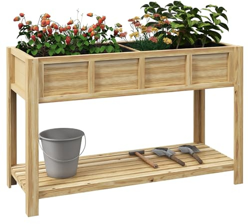Outsunny Jardinière sur Pieds Bois 115Lx46lx75H cm, Séparateur Amovible | Potager, Étagère, Inserts d'Irrigation, Feutre de Drainage Inclus, Sapin Massif
