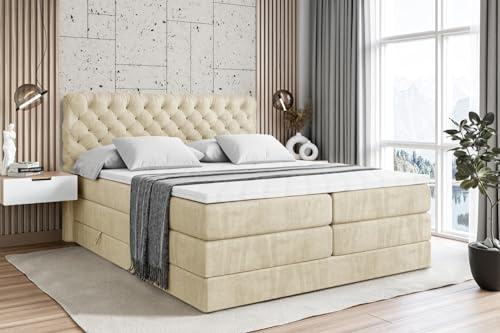 ALTDECOR Boxspringbett mit Matratze und Lattenrost, Topper, Polsterbett mit Bettkasten, Bett mit Stauraum H3- und H4- Matratze, Doppelbett, Springboxbett - BOXI8 King - 200x200 - Beige Monolith 04