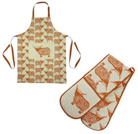 BRAW CLANS TARTANS Highland Cow and Auld Scots Double Oven Glove and Apron Set - Traditional Scottish Kitchen Chef Accessories for Cooking and Baking (Highland Cow)