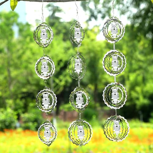 3-teiliges Set mit Eulen-Vogelabschreckungsscheiben, glitzernde Windspiele für den Außenbereich, Garten- und Hofdekoration, reflektierende Windspiele zum Fernhalten von Vögeln, Silver Round Owl