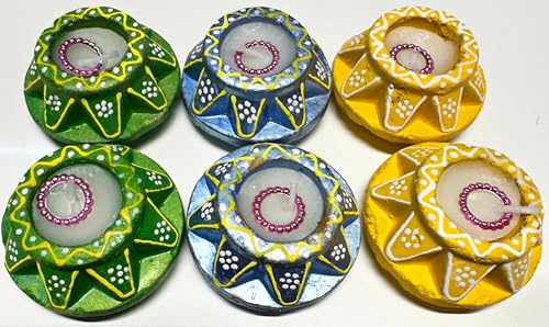 4OUR FAITH Matki Wachsgefülltes Diya-Set: bunte Sternform, handbemalte Terrakotta-Diyas für Diwali Pooja & Dekoration, natürlicher Mitti-Durchmesser, einzigartiges indisches Geschenk für