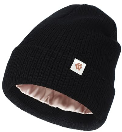 Creekstone Satin Gefütterte Wintermütze Unisex Slouchy Beanie für Haar, Warme Wollmütze Satin Lined Beanie Mütze für Damen Herren (DE/NL/SE/PL, Alphanumerisch, Einheitsgröße, Schwarz)