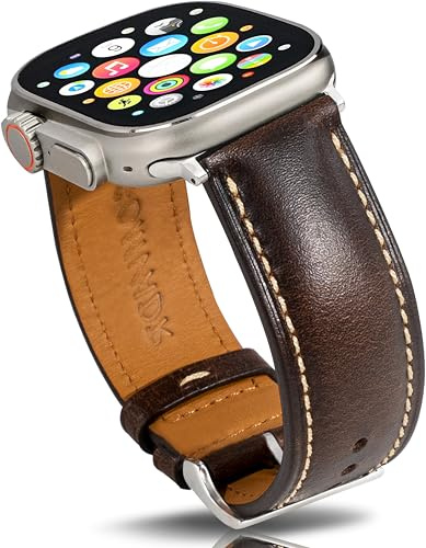 Läderarmband kompatibla med Apple Watch 38 mm, 40 mm, 41 mm, 42 mm, 44 mm, 45 mm och 49 mm, vaxoljat, för män och kvinnor, Ultra, serie 1 till 9, 49mm Ultra1 Ultra2, Läder, Ingen ädelsten