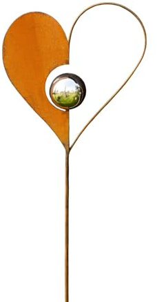 Bornhöft Gartenstecker Herz aus Metall Gartendeko Rost Edelrost rostiger Beetstecker 115cm Deko Rostfigur für den Garten mit Edelstahl Kugel