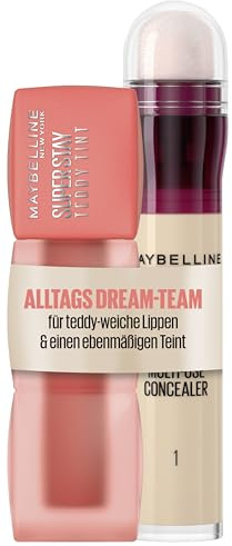 Maybelline New York Teddy Tint, matter Lippenstift für teddy-weichen, langanhaltenden Tragekomfort, 25 Baby Tee, 5 ml + Instant Anti-Age Effekt Concealer, Mikro-Lösch-Applikator, Nr. 01 Light, 6,8 ml