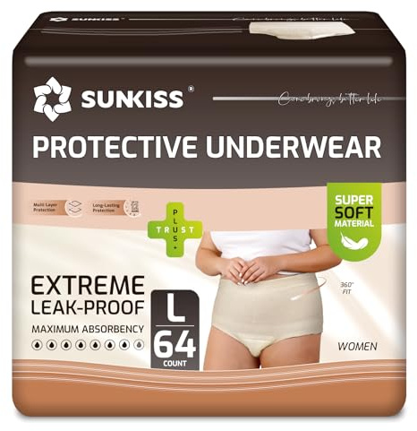 SUNKISS inkontinensbyxor för kvinnor, blöjbyxor vuxna kvinnor engångs dagstema, inkontinens trosor dam, superabsorberande, beige, storlek L, 64 stycken 4-pack