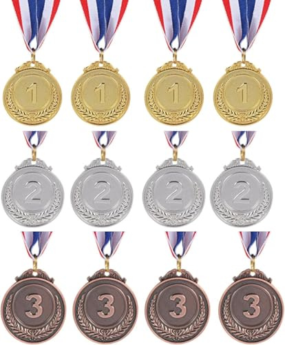 TGXLAK 12 Pieces Gold Silver Bronze Metal Award Medals - 1st 2nd 3rd Place Winner Prizes for Sports, Competitions, Party Favors & Decorations, Olympic Style, 2 Inches ﻿