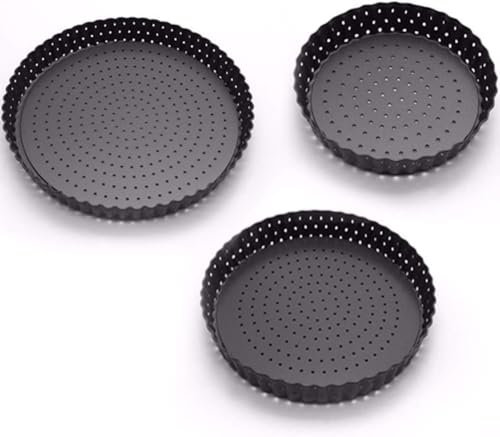 Molde antiadherente para tartas, 3 piezas con base suelta, 3 tamaños diferentes estriados para flan y tartas/quiche, bandeja para hornear para crear pasteles de queso cremoso, pasteles de chocolate
