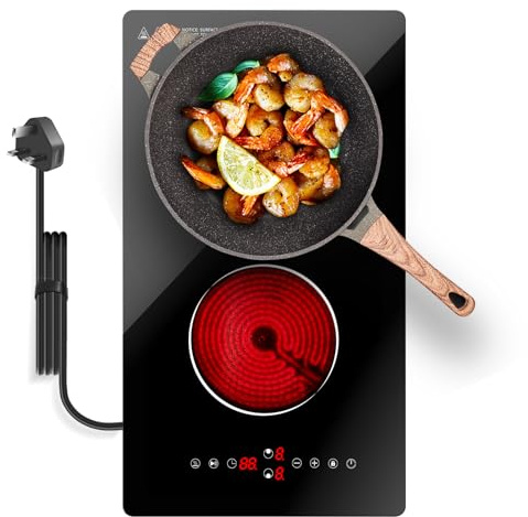 Gveyajo Ceramic Hob 2 Zones, Built-in & Countertop, Touch Control, 3000W | 2 Ring Ceramic Hob, Double Electric Stove, Plug in 2 Ring Electric Hob, 9 Power Levels , Child Lock, All Pots Compatible