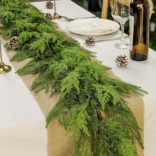 1.8m Artificial Christmas Norfolk Pine Garland Real Touch Faux Evergreen Greenery Decorations Decorative Plants for Mantle Staircase Table Centerpiece Indoor Outdoor Wddding Home Decor (Green)