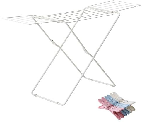 LYHOE Tendedero Plegable con Alas de Acero, 20m de Espacio de Tendido, Antideslizante y Resistente al Sol, para Interior y Exterior, con Sistema de Bloqueo y 10 Pinzas Incluidas