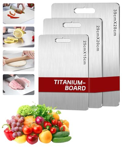 Titan Schneidebrett Set 3-teilig – Upgrade 2025 aus 100% Reintitan, BPA-frei & doppelseitig – Ideal für Fleisch, Brot, Gemüse & Obst (S+M+L)