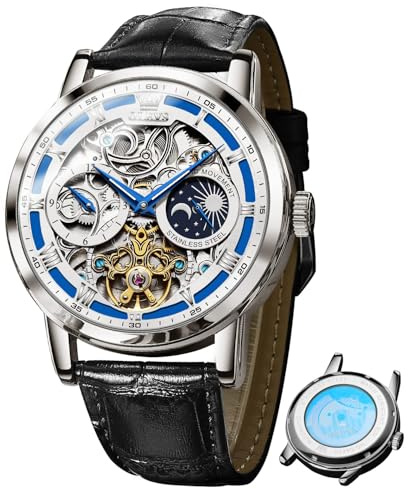OLEVS Skeleton Watches for Mens Automatic Mechanical Self Winding Tourbillon Leather Strap Luxury Dress Moon Phase Wrist Watches Waterproof Luminous Blue