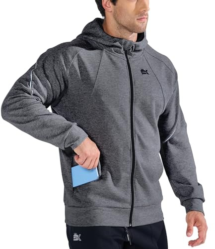 BROKIG Zip Hoodie Herren Baumwolle, Fitness Laufjacke Gym Kapuzenpullover Trainingsjacke mit Reißverschluss Tasche (Dunkelgrau,S)