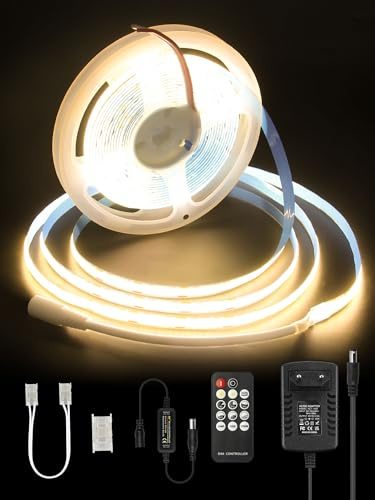 ALITOVE 5m COB LED Streifen 12V Warmweiß Selbstklebend RF Fernbedienung | Dimmbar 3000K, Flexibel 320LEDs/m, für Spiegel Schreibtisch Unterschrank Küche TV-Backlight, Nicht Wasserdicht