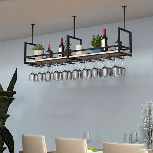 DUANHOZ Portabottiglie sospeso, portabicchieri da soffitto, portaoggetti da Bar, portabottiglie in Legno massello a Parete con ripiano per calici capovolti (Dimensioni: 100x30x6
