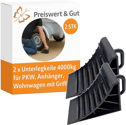 2 STK Unterlegkeile Anhänger mit Griff für PKW Wohnmobil bis 4000 kg | Robuste Radkeile als Bremskeil für Wohnwagen, wetterfest, kompakt und leicht, 14,8 x 9,5 x 7 cm Preiswert&Gut