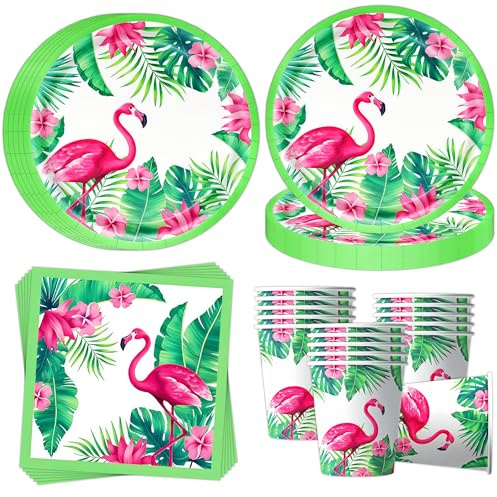 OMZSXK Flamingo Partygeschirr für 16 Gäste,Tropischer Vogel Partyteller Geburtstag Geschirr,Hawaii Party Pappteller Becher Servietten,Jungen Mädchen Flamingo Kindergeburtstag Deko