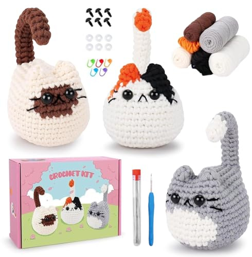Occzin Heckel Set,Häkel-Starterset für Anfänger,Häkelset für Tiere,Geschenk für Geburtstage, Häkeln für DIY,Schritt-Für-Schritt-Video-Erklärun(Drei Süße Gehäkelte Katzen)
