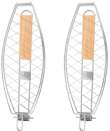 BESPORTBLE Cestello per Grigliare Pesce in Acciaio Inox 2 Pezzi con Manico Antiscottatura Griglia Pieghevole Staccabile per Barbecue da Giardino Campeggio e Cucina All’Aperto