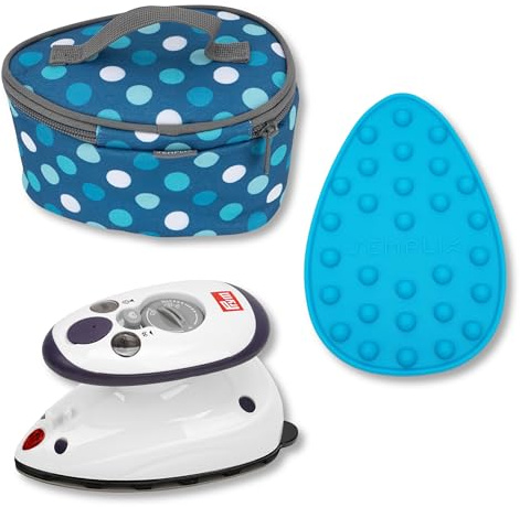 SEMPLIX Prym Mini-Bügeleisen Bundle – Kompaktes Set mit Mini-Dampfbügeleisen, Silikonablage & Reisebügeleisentasche,ideal für Nähen & Quilten, Design Polka Dots (Petrol)