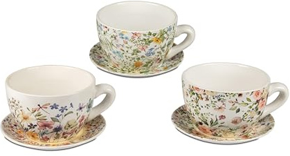 formano 1 von 3 Stück Frühlingsdeko Pflanztasse mit Blumendekor, Dekoration für Innen und Außen, Pflanztopf 23 cm