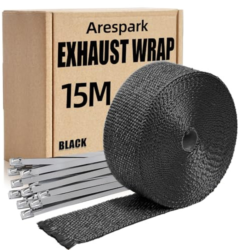 Auspuff Hitzeschutzband Schwarz 15m mit 12 Bindern Arespark | Für Motorrad, Auto, Kamin und Zeltofen Hitzeisolierung für Auspuffkrümmer & Öfen