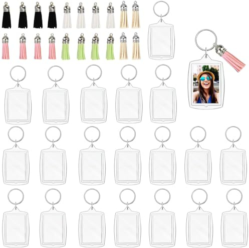 Porte-Clés Photo Vierge en Acrylique – Lot de 20 Porte-Clés Cadre Photo Transparent avec Pompons Colorés, Personnalisé DIY pour Photo ou Image