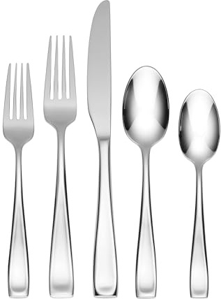 Oneida Silverware Set For 12, Moda 65-Piece Fine Flatware Set with Serving Utensils, Service For 12, 18/10 Stainless Steel, Dishwasher Safe For home, Knives Spoons and Forks Set (Silver, 65 pieces)
