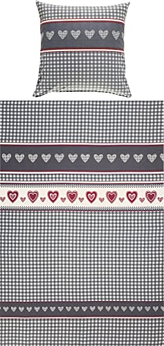 Erwin Müller Feinflanell-Bettwäsche, Bettgarnitur Karo, Herz grau-rot-weiß Größe 80x80 cm / 135x200 cm - für die kalte Jahreszeit, weich und flauschig, mit praktischem Reißverschluss