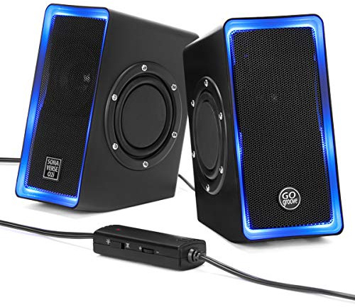 GOgroove Enceintes PC USB Stéréo avec LED, Basses Profondes, Haut-Parleurs Multimédia, Contrôle de Volume en Ligne - Compatible avec Ordinateurs Portables / Bureau, Tablettes, Smartphones, MP3 - Noir