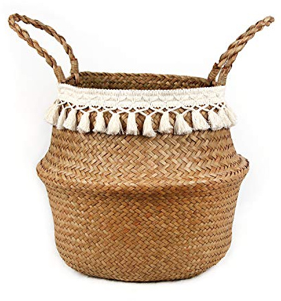 BlueMake Boho Woven Seagrass Belly Basket for Storage Plant Basket or Toy Basket Living Bathroom (Medium, Beige)