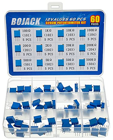 BOJACK 12 Werte 60 Stück 100 bis 500 K Ohm 3296 W Multiturn-Trimmer-Potentiometer-Sortimentspaket in einer durchsichtigen Kunststoffbox