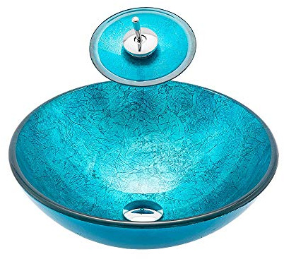 HomeLava Modern Gehärtetes Glas Aufsatzwaschbecken Handwaschbecken Gäste WC Waschbecken Set Waschtisch mit Wasserfall Wasserhahn Rund Blau