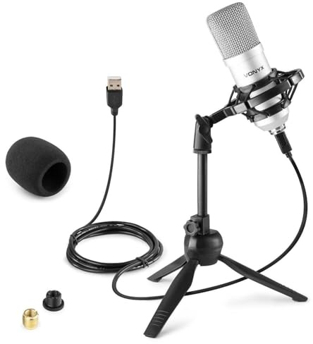 Vonyx CM300S Kondensatormikrofon, Studiomikrofon, USB Mikrofon, Schwingungsdämpfer und Popschutz, Microphone mit klappbarem Ständer für Studio, Podcast, PC, Gaming, Streaming, Vlogs - Silber