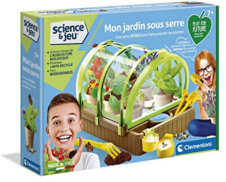 Clementoni – Ciencia & Juego – Mi jardín bajo Invernadero – Diseño Moderno – Secretos del Cultivo orgánico – Kit Completo de Herramientas y macetas Especiales – para niños de 7 años – 30 x 20 x 15 cm