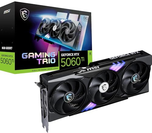 MSI NVIDIA GeForce RTX 5060 Ti 8G Gaming Trio OC Carte Graphique - 8 Go GDDR7 (28 GB/s, 128-bit), PCIe 5.0 - TRI FROZR 4 (3 x Ventilateurs STORMFORCE) - RGB - HDMI 2.1b, DisplayPort 2.1b